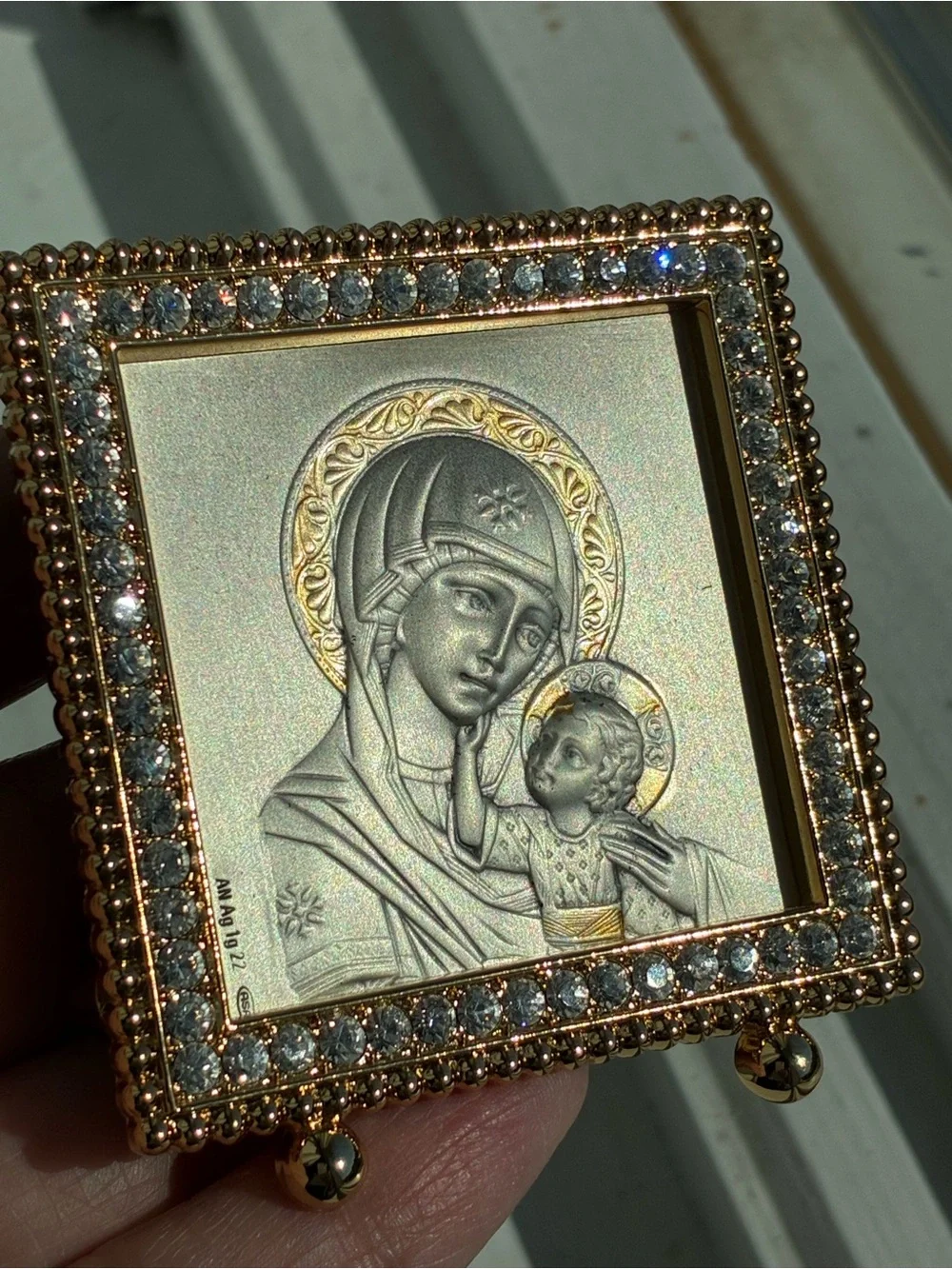 Sterling Silver Madonna and Child miniature plaque Crystal Frame